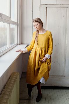 Long Sleeve Summer Dress, Midi Dress Long Sleeve, Mustard Dress, Mustard Yellow Dresses, Natural Linen Dress, Yellow Bridesmaid Dresses, Linen Dress Women, Linen Midi Dress, Dress Linen