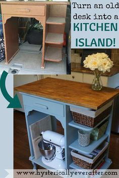 an old kitchen island is turned into a side table