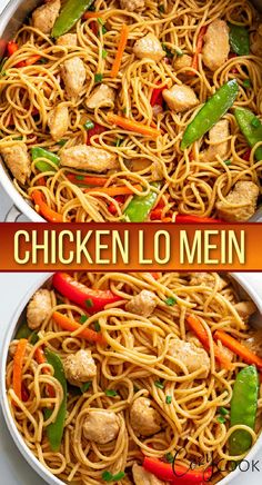 chicken lo mein with peppers and carrots in a pan