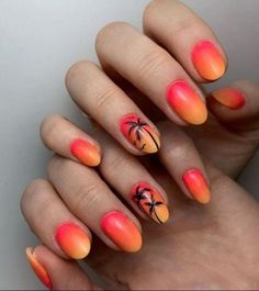 Tropical Nail Art, Palm Nails, Cruise Nails, Bright Nail Designs, Coral Ombre, Palm Tree Nails, Sunset Nails, Fun Nail Colors