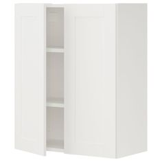 a white cabinet with two doors and shelves