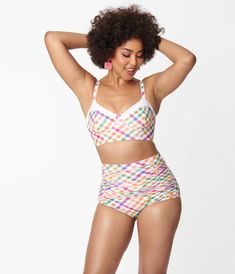 Unique Vintage Pastel Madras Gingham Marlene Crop Swim Top Rainbow Gingham, Unique Swimsuits, Crop Swim Top, High Waisted Swim Bottoms, Vintage Swim, Navy Gingham, High Waisted Swim, Striped Swimsuit, Swimwear Bottoms