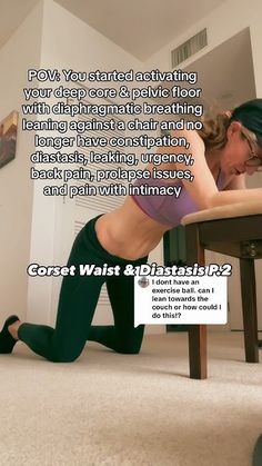 a woman is doing yoga on the floor in front of a table with her legs spread out