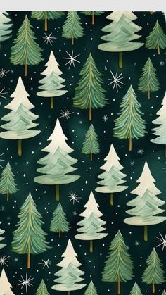 a green christmas tree background with snowflakes and stars on the trees in the night sky