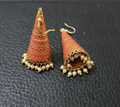 Beautiful Handmade Red-Golden Jhumkas Earrings, Wedding Jhumkas. Light Weight Earrings. Pearl Jhumkas Earrings. Meenakari (Enamel) Earrings. Penjabi Jhumkas Earrings. Pearl Jhumkas, Jhumkas Earrings, Jhumka Earrings, Earrings Pearl, Earrings Wedding, Enamel Earrings, Light Weight Earrings, Indian Wedding, Dangle Drop Earrings