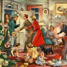 an old fashioned christmas card shows a family in the living room with their dog and cat