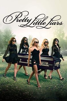 the pretty little liars poster with four women in black dresses and one carrying a trunk