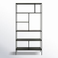 a black shelf with three shelves on each side and one shelf below it, against a white background