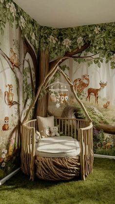 a baby's room decorated in woodland theme