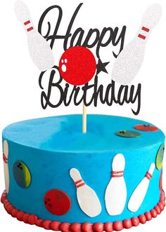 a birthday cake with a bowling ball and pins on it