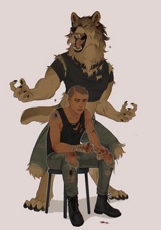 a man sitting in a chair next to a wolf with blood on it's leg