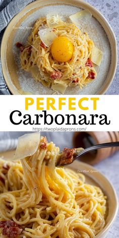 the perfect carbonara recipe is made with pasta and eggs