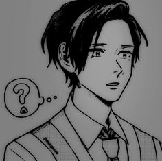 a black and white drawing of a man wearing a tie with a question mark above his head