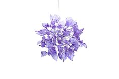 a purple chandelier hanging from a ceiling with glass flowers on the top and bottom