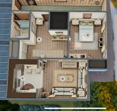 an overhead view of a two bedroom, one bath apartment with living room and kitchen