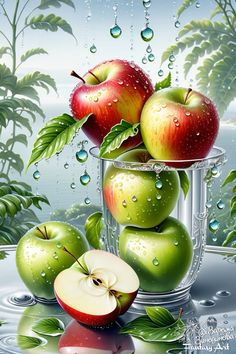 some apples are in a glass with water