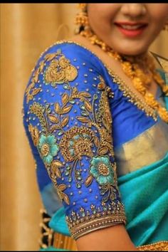 Size  Small      32-34 Medium 34-36 Large     38-40 Xl             40-42 XXL.        44-46 Product Details  Maggam work on Blue Rawsilk blouse  ( can be customized in other colours)  with all over hand embroidery , beads , stones , zardozi , resham in gold and detailing on front and back. Heavy back aari work blouse.  🧵Front: Deep neck with all around embroidery. Front open hooks.. 🧵Closure: Deep back neck with back tie up detailing.  🧵Can be mixed matched with a wide range of sarees 🧵Size refers to circumference around the fullest part of the bust 🧵Estimated Dispatch time: 7 to 15 working days. Contact us if it's an urgent order. Traditional Saree Blouse Designs, डिजाइनर कपड़े, Latest Bridal Blouse Designs, Sari Design, Maggam Work Designs, Traditional Blouse Designs, Wedding Saree Blouse Designs, Latest Model Blouse Designs, Blouse Design Images