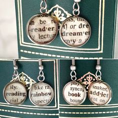 three different pictures of some type of book with words on them and charms attached to each other