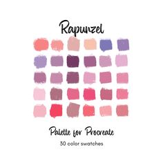 the swatches are all different shades of pink, red and purple with text that reads rapunel palette for procreate