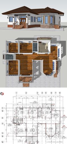 an architectural drawing shows the floor plan for a house with two levels and three floors