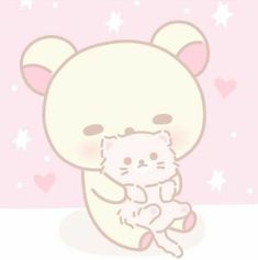 a drawing of a teddy bear holding a kitten in its arms with stars on the background