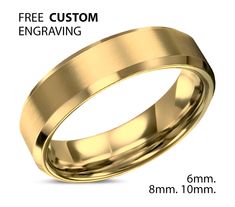 an image of a gold wedding ring with the text, free custom engraving on it