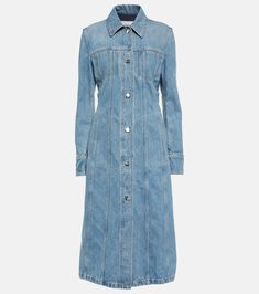 Cotton Denim Shirt Dress in Blue - Ferragamo | Mytheresa Elegant Buttoned Cotton Denim Dress, Elegant Buttoned Denim Dress, Elegant Cotton Denim Dress With Buttons, Classic Cotton Denim Dress With Button Closure, Classic Spring Denim Cotton Dress, Classic Cotton Denim Dress For Spring, Designer Cotton Spring Dresses, Cotton Dresses With Patch Pockets, Designer Cotton Dresses For Spring