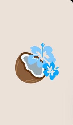 an image of a coconut with blue flowers on it's side and a butterfly flying over the top