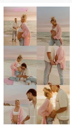 a man and woman standing on top of a beach next to the ocean