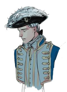 a drawing of a man in uniform with a hat and feathered cap on his head