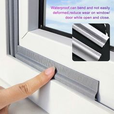 a hand is pointing at the window seal on an open window with waterproof, can and not easily deformed reduce wear on windows / door while open and close