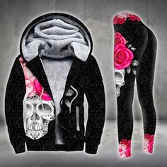 Pink Skull Flower On Dark Legging and Hoodie Set Casual Skull Print Hoodie Outerwear, Casual Skull Print Tops For Winter, Casual Winter Tops With Skull Print, Fitted Casual Hoodie For Halloween, Casual Fitted Hoodie For Halloween, Casual Skull Print Sweatshirt For Winter, Blue Skull, Mode Punk, Skull Flower