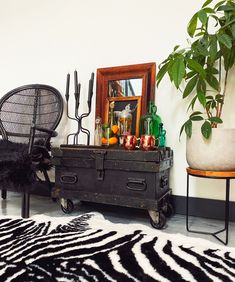 an old trunk is sitting in front of a mirror and potted plant on a table