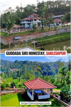 two houses with trees and mountains in the background, one has a red tiled roof