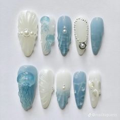 Watercolor Acrylic Nails, Oceancore Nails, Blue Seashell Nails, Summer Nails White And Blue, Ocean Aesthetic Nails, Jelly Fish Nails Art, Wave To Earth Nails, Simple Ocean Nails, Sea Nails Designs