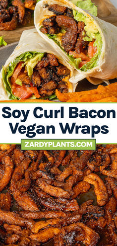 Soy curl bacon made in a frying pan then used to make vegan wraps. Vegan Lunch Recipes, Vegan Meat Recipes, Vegan Meats, Vegan Lunches, Meatless Meals, Vegan Bacon Recipes, Easy Vegan Recipes, Vegan Recipes, Vegetarian Recipes, Plant-based Recipes, Vegetarian Lunches, Vegan Food, Soy Curl Recipes. Soy Curl Bacon, Vegan Soy Curls Recipes, Tvp Recipes Vegan, Soy Curls Recipes Vegan, Soy Curl Recipes, Vegan Subs, Vegan Bacon Recipe, Tvp Recipes, Soy Curls Recipes