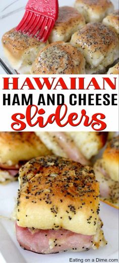 hawaiian ham and cheese sliders on a plate with a red spatula in the background