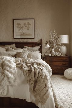 a bed with blankets and pillows in a bedroom next to a dresser filled with vases