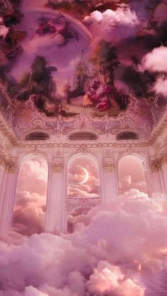 an artistic photo with clouds and a painting on the ceiling