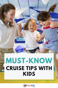 A cruise staff member helping two young children jump and play in an onboard kids' activity center. Cruise Secrets, Cruise Kids, Msc Cruises