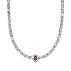 Ross-Simons - 1.20 Carat Garnet Byzantine Necklace in Sterling Silver. 18". Handcrafted in brightly polished sterling silver, this timeless Byzantine necklace is elevated by a rich 1.20 carat oval garnet bordered by intricate milgrain details. Perfect for highlighting your January birthstone, or embracing a beautiful pop of color. Lobster clasp, garnet Byzantine necklace. Garnet birthstones are the perfect gift for January birthdays. Jewelry Presentation, Byzantine Necklace, Garnet Birthstone, Fine Jewelery, January Birthstone, Garnet Stone, The Authority, Timeless Jewelry, Red Stone