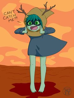 a cartoon girl with blue hair and green eyes is standing in front of an orange sky