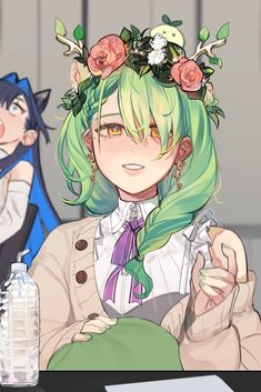 an anime character with green hair and flowers on her head sitting next to another character