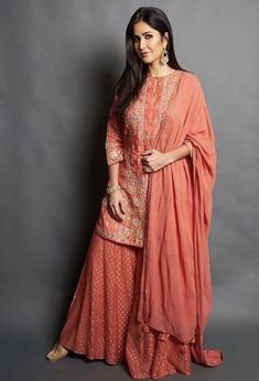 Orange Sharara With Sheer Dupatta For Eid, Orange Chanderi Dress For Eid, Designer Orange Dress For Eid, Sara Ali Khan Sharara Suit, Long Sleeve Bollywood Traditional Wear For Eid, Brightest Star In The Sky, Star In The Sky, Anita Dongre