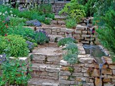 a garden filled with lots of plants and flowers next to a stone wall covered in water