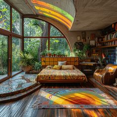 a bedroom with lots of windows and colorful rugs on the wooden floored floor