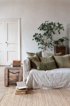 a living room with a couch, coffee table and potted plant