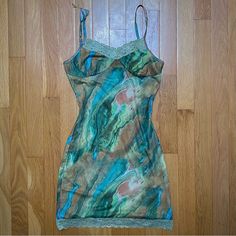 Blue And Green Marble Dress With Lace Detailing. Never Worn, Had In Storage. Little Fabric Flaw On Strap, Can Be Easily Fixed Or Worn As So. So Flattering And Cute. Brand Cider And Size Xs Fitted Green Mini Dress With Lace Trim, Casual Green Mini Dress With Lace Trim, Marble Dress, Marble Tie Dye, Cider Dresses, Dye Dress, Tie Dye Dress, Green Marble, Dress With Lace