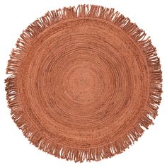 an orange round rug with fringes on the top and bottom, against a white background