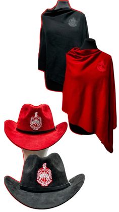 three hats and a ponchy are shown in four different color options, one black, one red